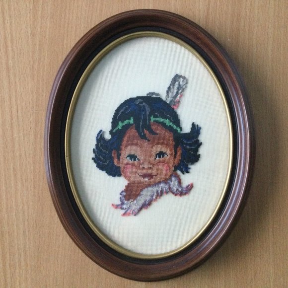 2 Vintage Framed petit point needlework embroidery wall hanging native children - Picture 2 of 7